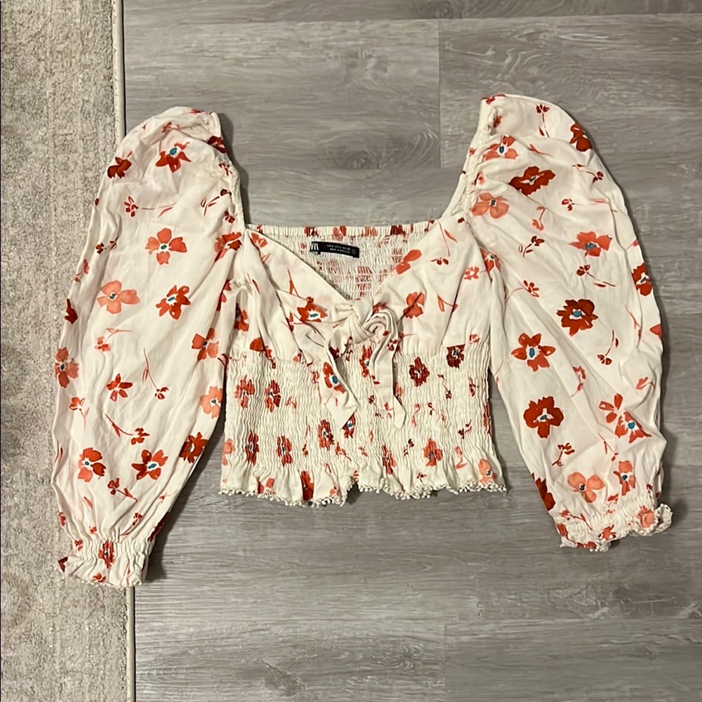 Floral Puff Sleeve Top - Cream and Red